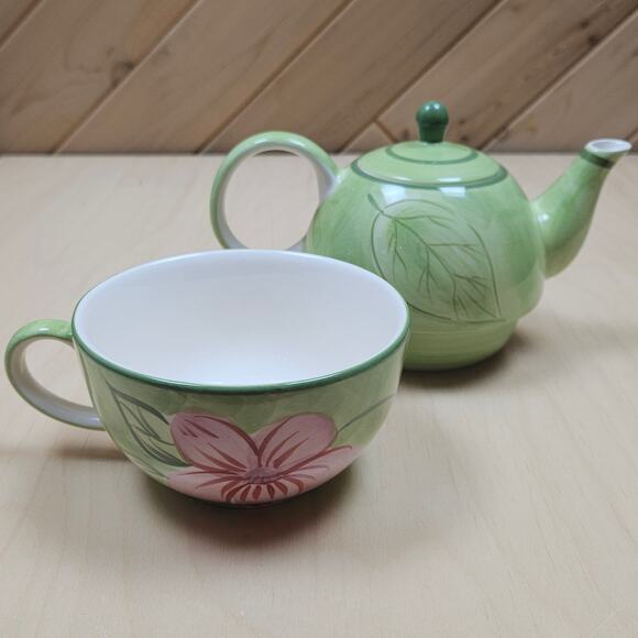 Vintage April Cornell Ceramic Teapot Cup/Pitcher Nesting Set Green Pink Flower - Picture 5 of 10